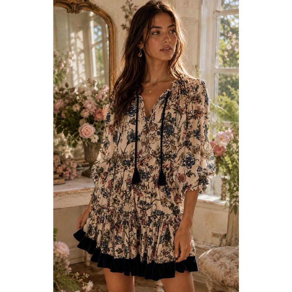 MISA Floral Smocked Mini Dress with Velvet Trim Tassel Tie Boho Romance, lrg $32